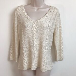 August Silk off white & gold 3/4 sleeve v neck sweater knit pullover large